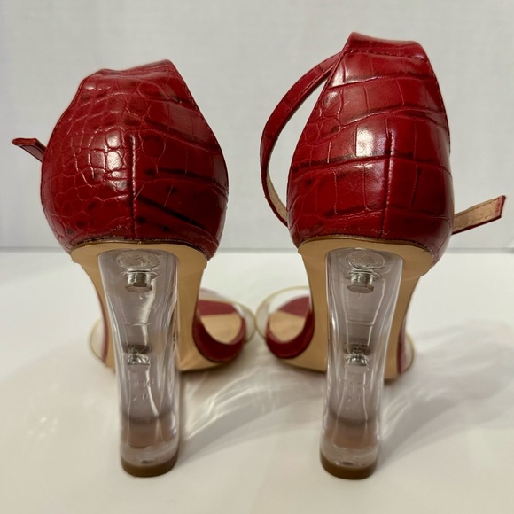 NWOT/NWOB Olivia Ferragamo Red Snakeskin Ankle Strap Sandal Wedges w/Clear Base - Picture 4 of 10